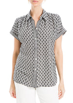 Max Studio Women's Short Sleeve Button Collar Blouse US Large, Black/Cream