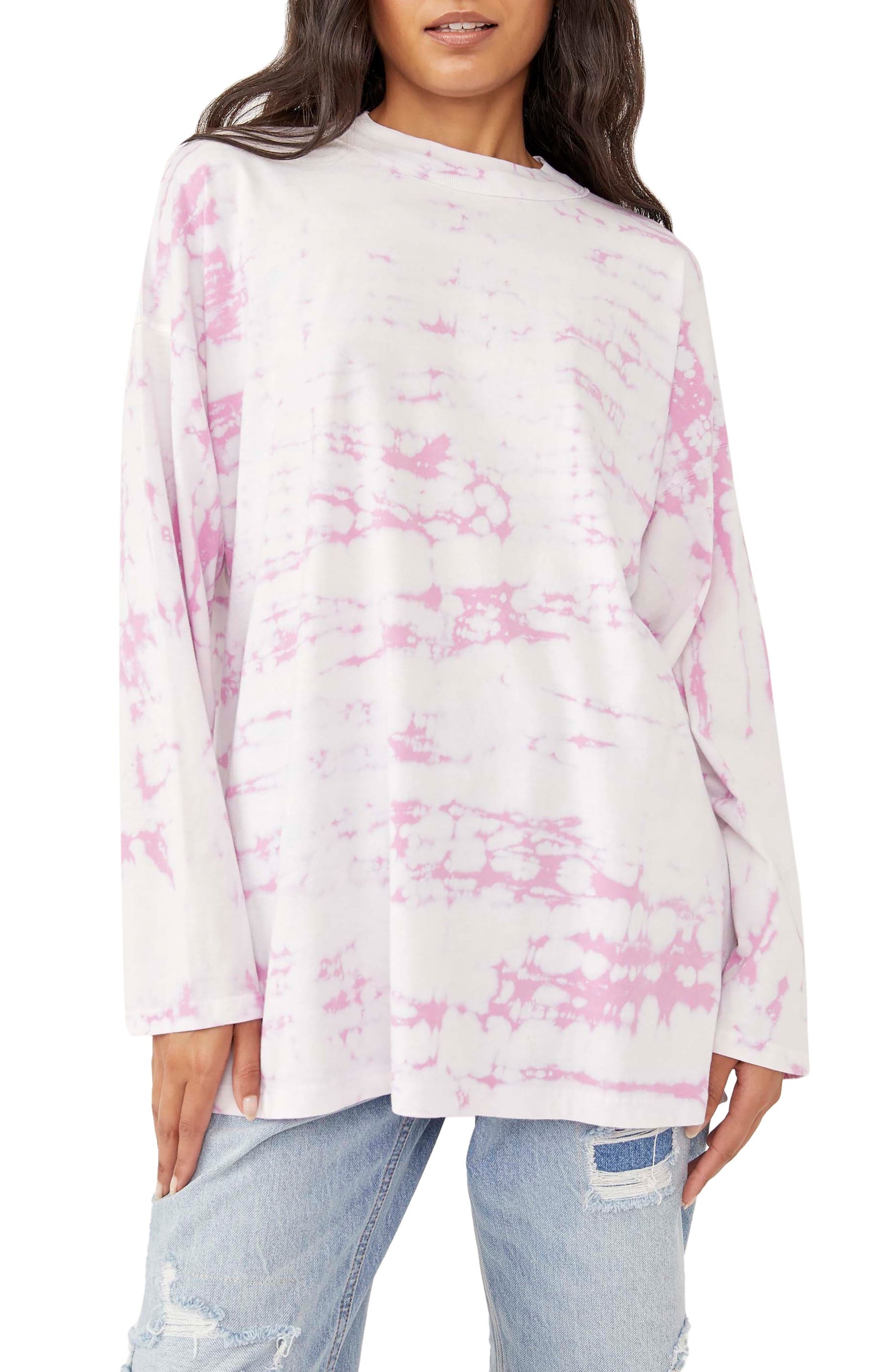 Free People Be Free Tie Dye Oversize Long Sleeve T-Shirt in Pastel Combo, Size Large