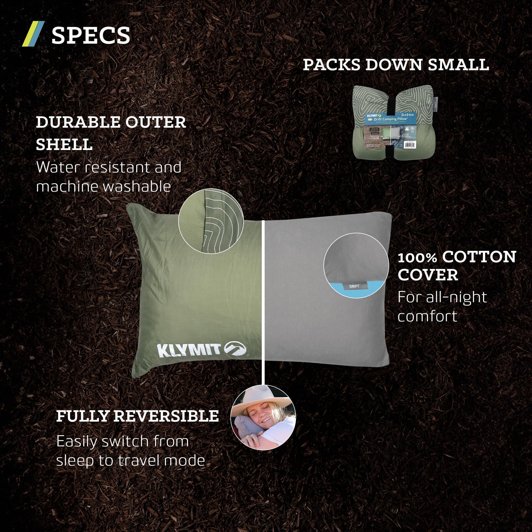 Klymit Drift Green Camping Pillow - Shredded Memory Foam