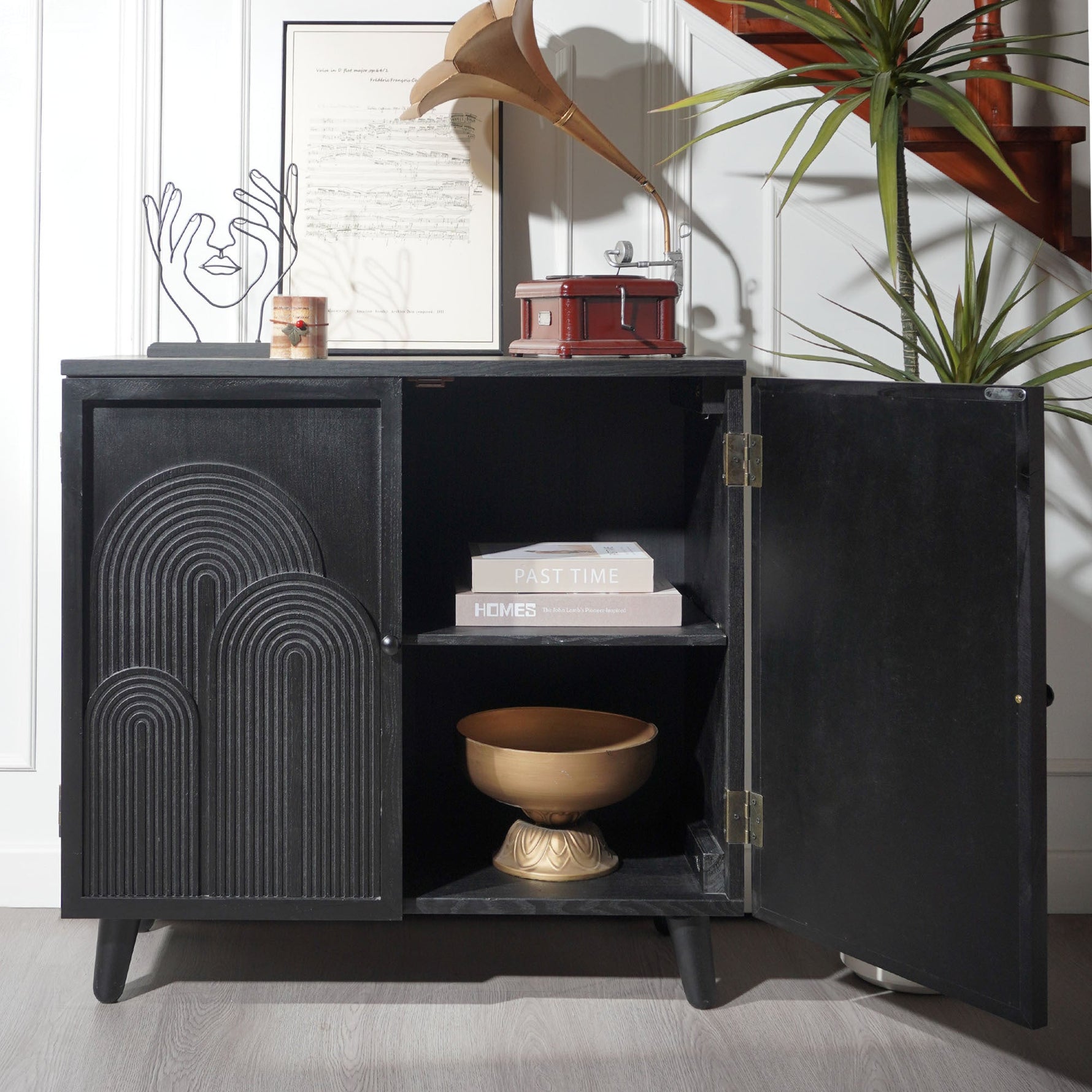 Modern Black Wood Storage Cabinet with Embossed Door