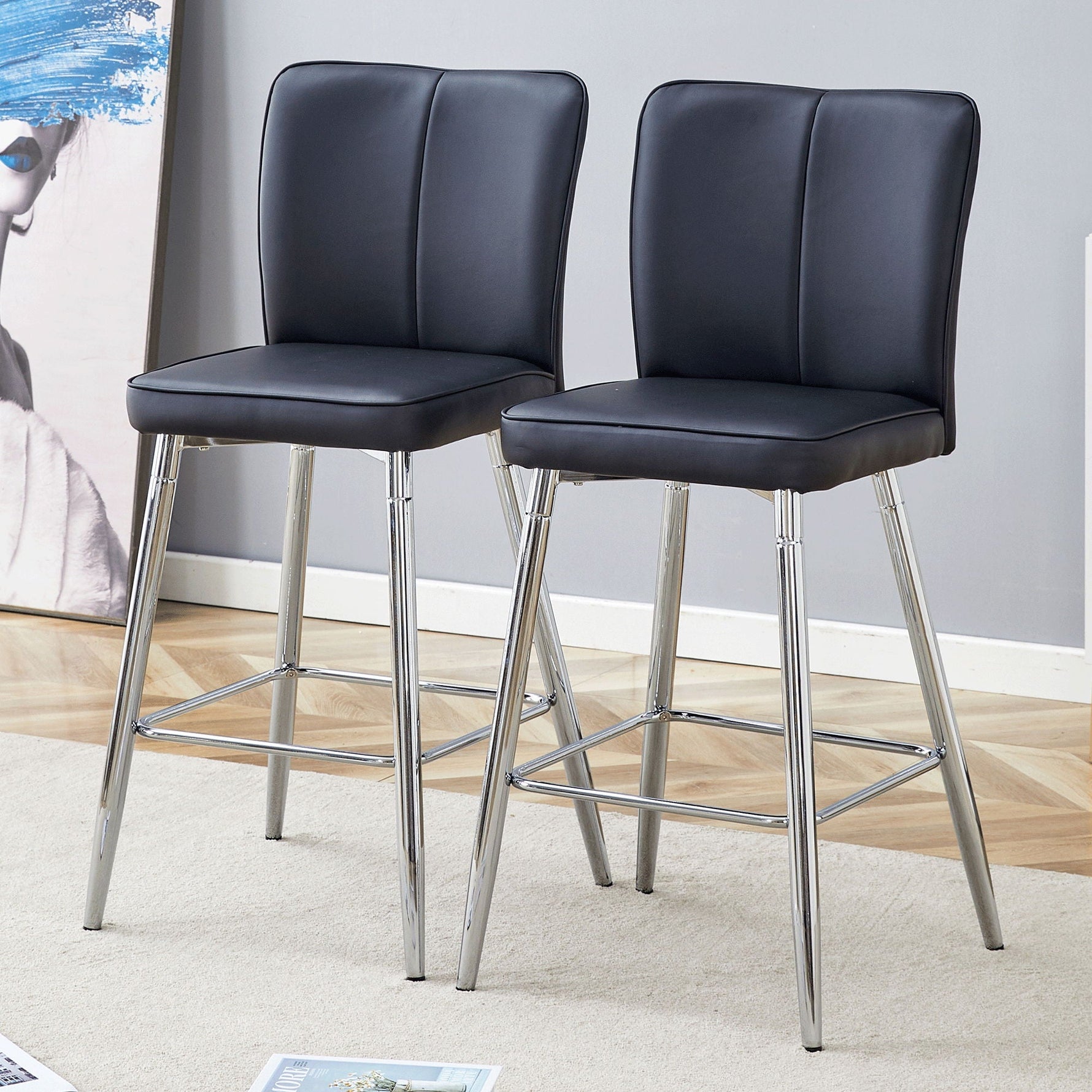 Modern Bar Chair Set with Streamlined Backrest and Metal Legs - 2 Pieces