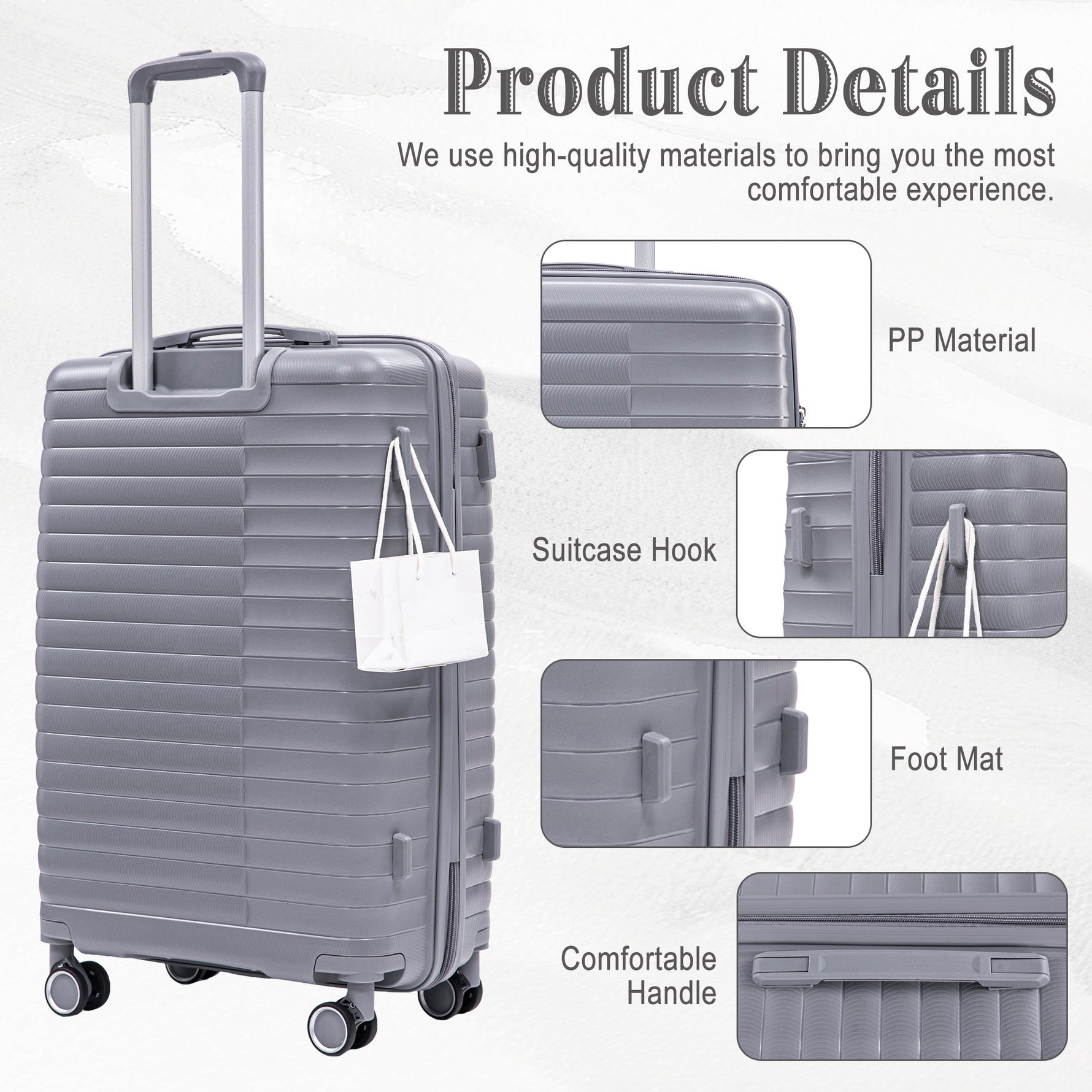 4-Piece PP Spinner Wheel Luggage Set with Cosmetic Case, Light Gray