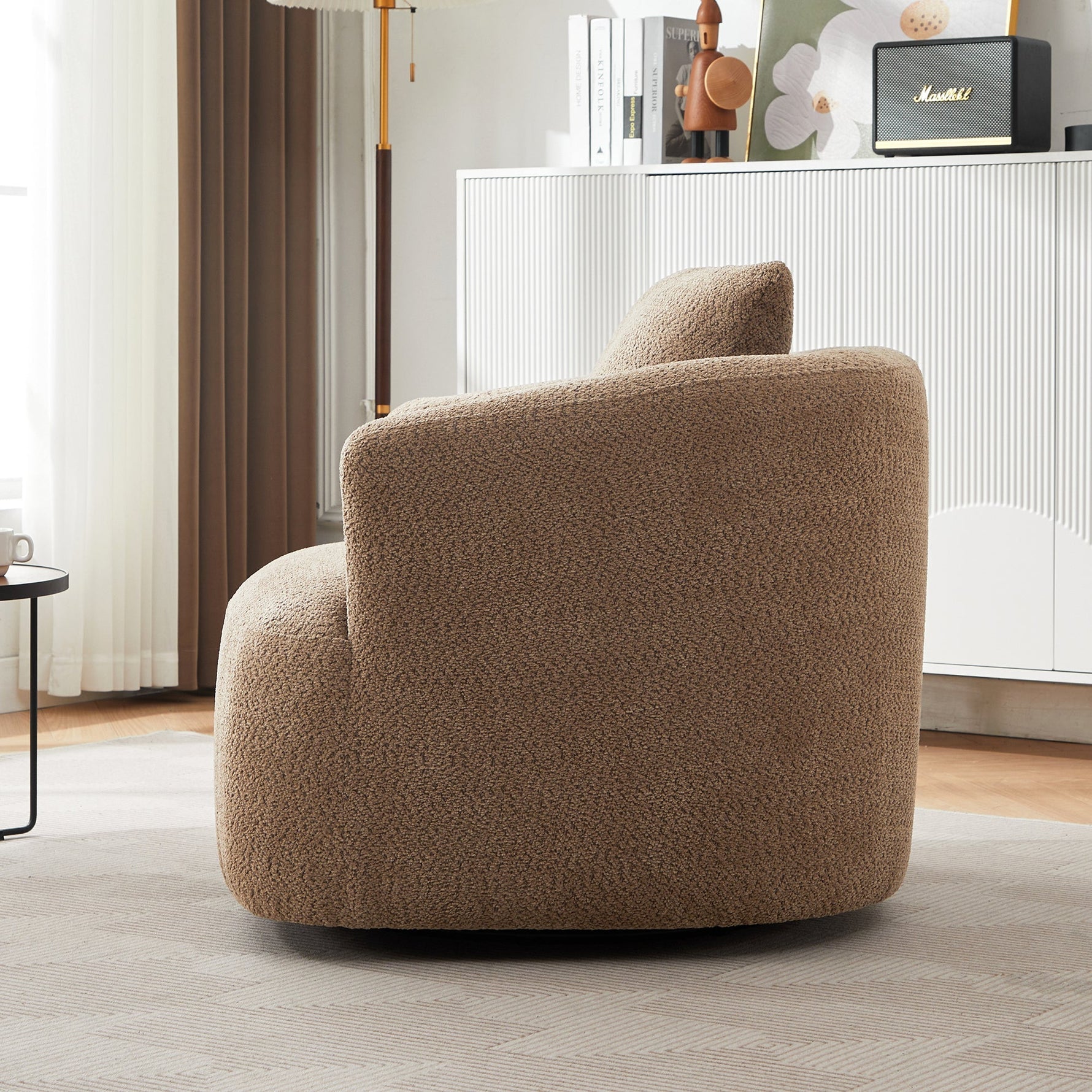 Chenille Upholstered 360° Swivel Chair with Throw Pillow, Dark Brown