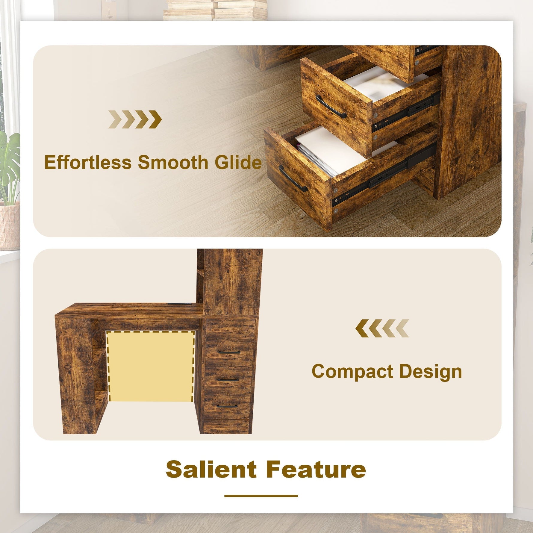 Computer Desk With 4 In 1 Socket & 3 Drawers, 4 Tier Shelves