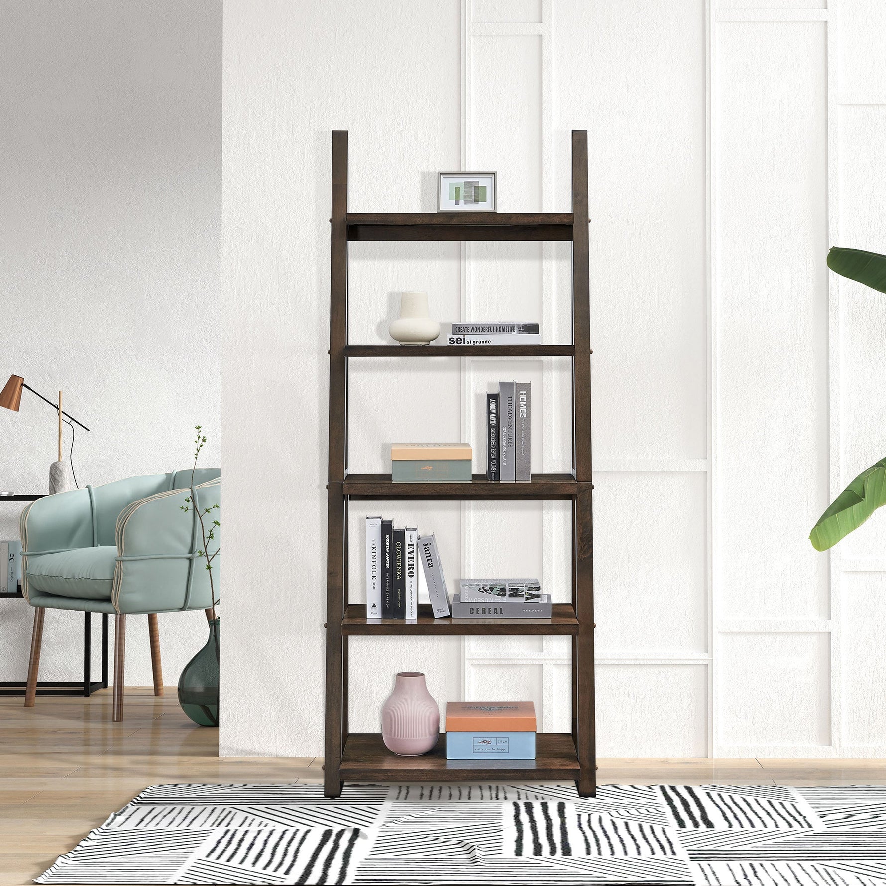 5-Tier Rubber Wood Bookshelf Ladder Storage Rack