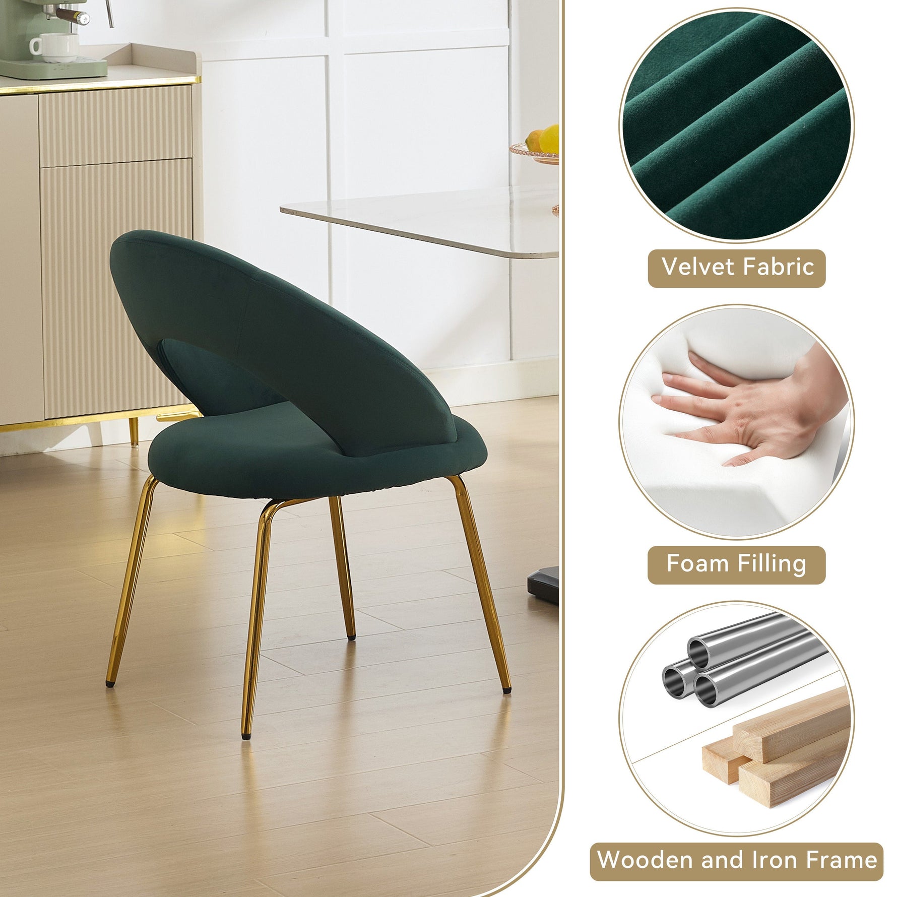 Velvet Fabric Dining Chair with Curved Backrest and Golden Metal Legs