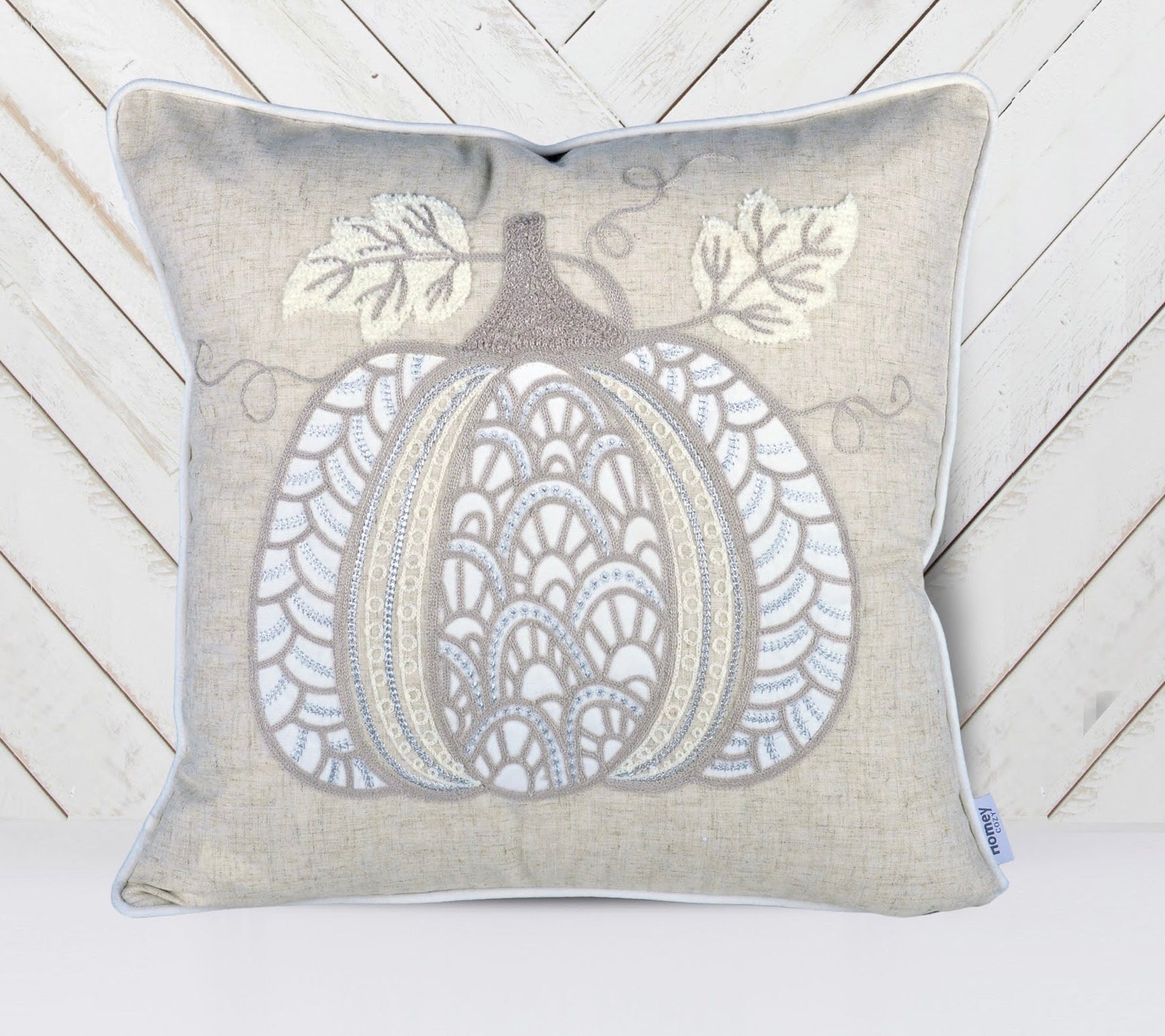 Embroidered Lace Pumpkin Accent Pillow – Neutral Fall Accent Cushion