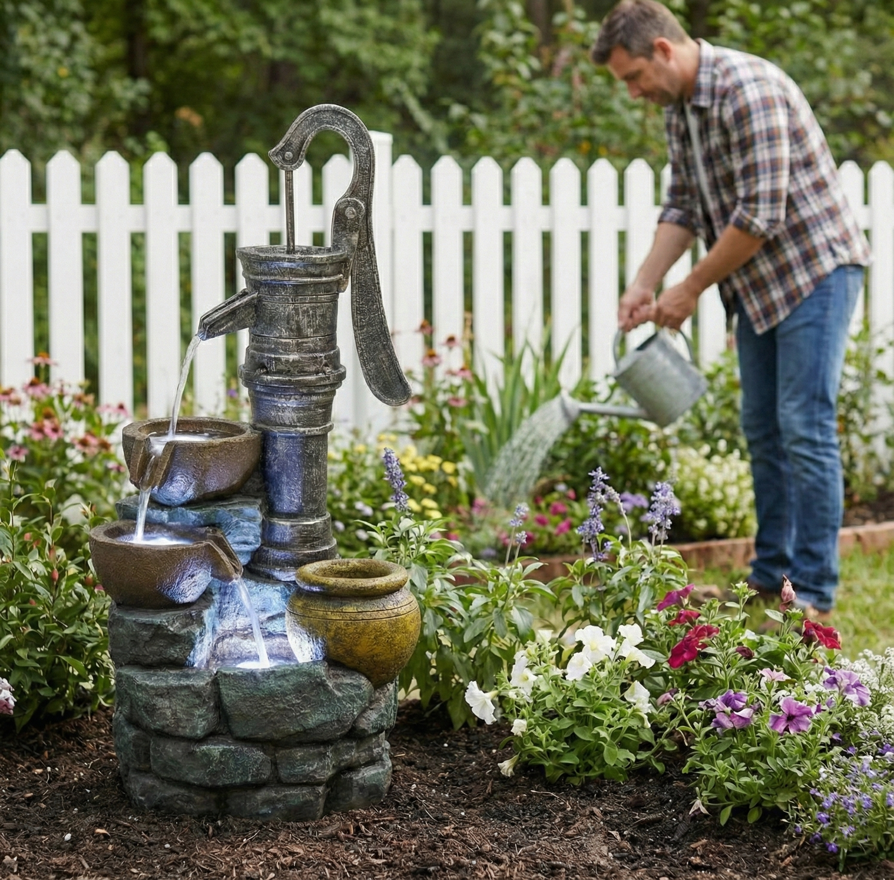 32'' H Large Outdoor Fountain with Vintage Pump