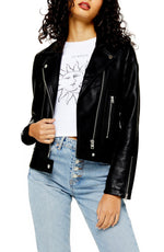 Women's Topshop Teddy Faux Leather Biker Jacket, Size 4 US - Black