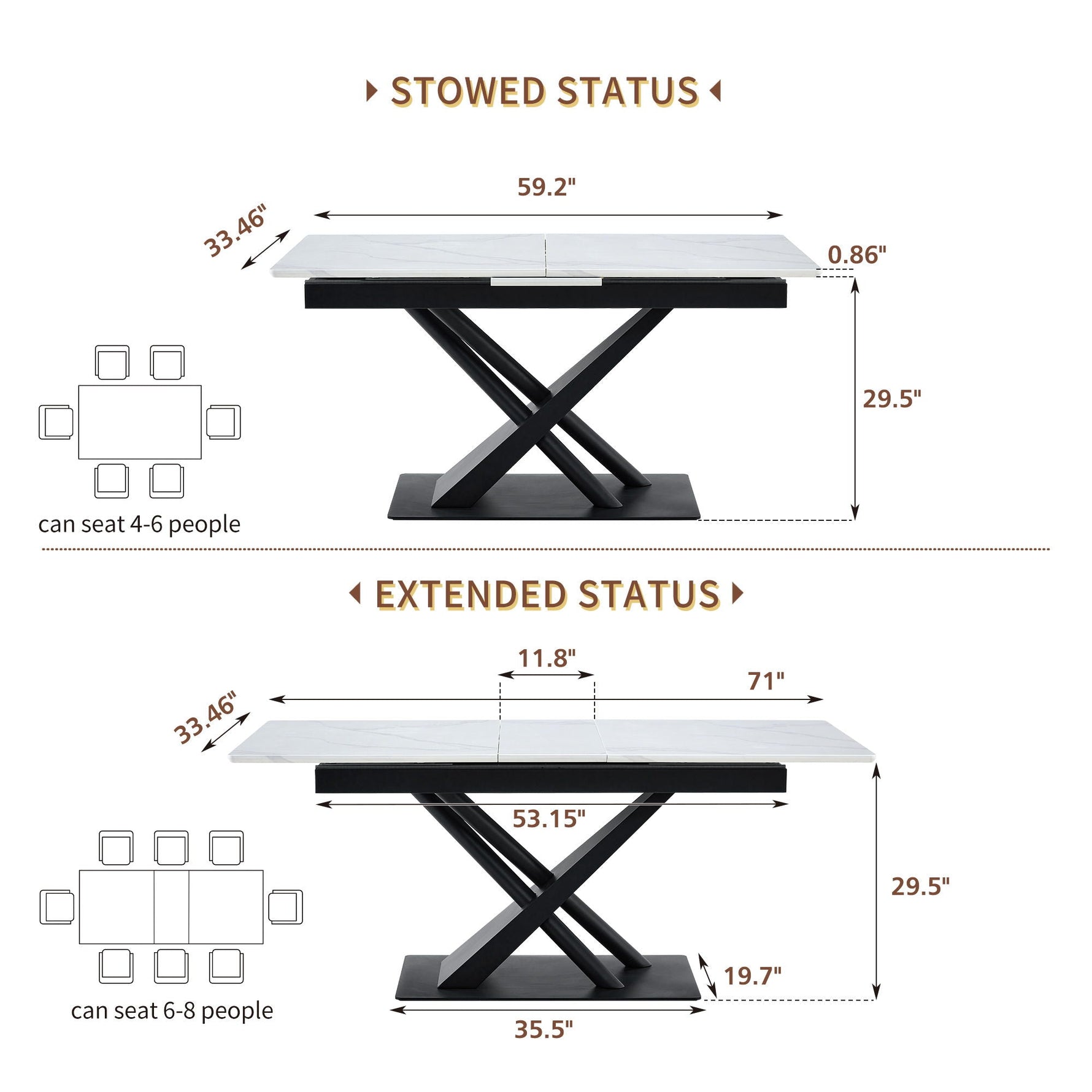 Dining Table With Geometric X Frame For Kitchen Or Dining Room - White Marble