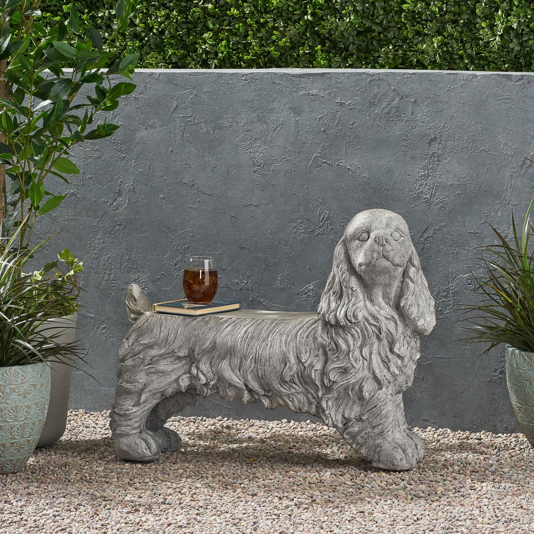 Charming Cocker Spaniel Dog Statue Bench Gray Magnesium Oxide