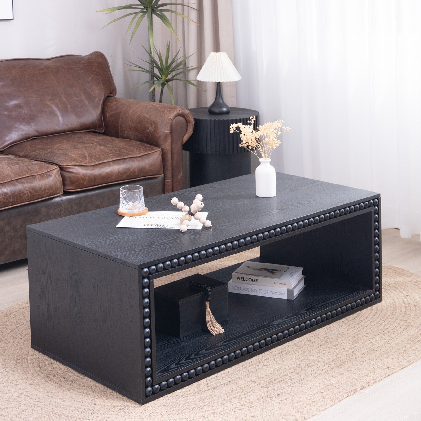Black Beaded Edge Coffee Table – 47.6' Rectangular Center Table with Open Storage Shelf