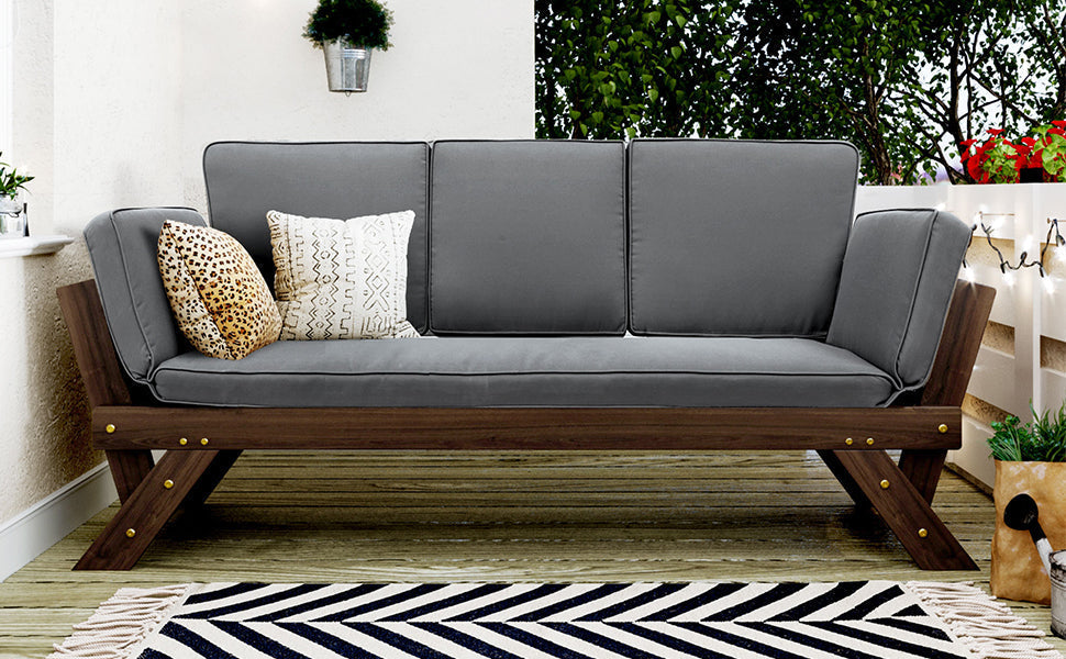 TOPMAX Outdoor Adjustable Patio Wooden Daybed Sofa Chaise Lounge with Cushions