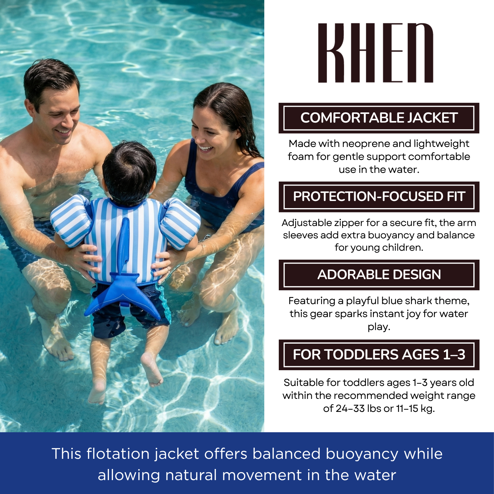 Floating Jackets with Sleeves for Bool or Beach | 1-3 Years | Blue Shark