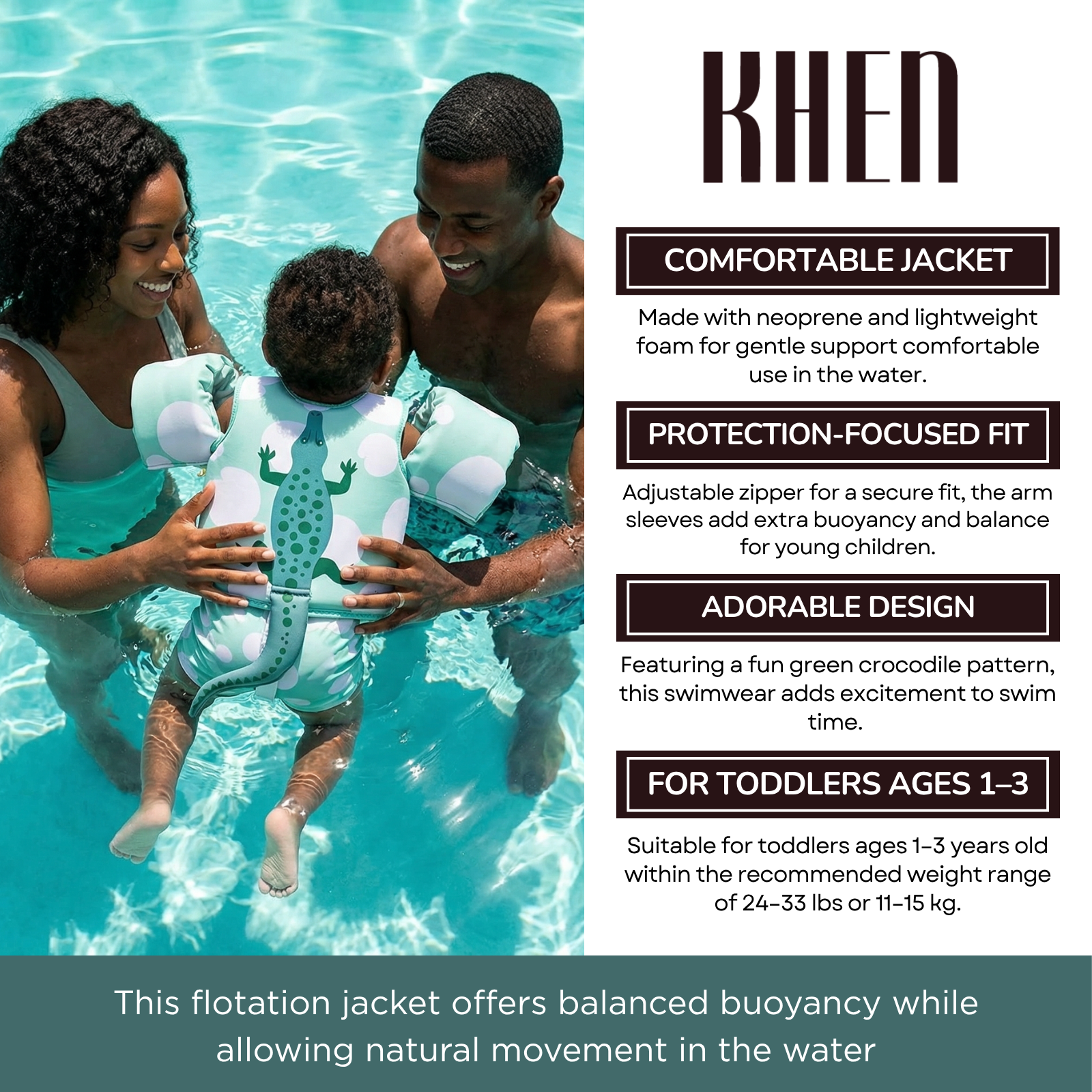 Floating Jackets with Sleeves for Bool or Beach | 1-3 Years | Crocodile