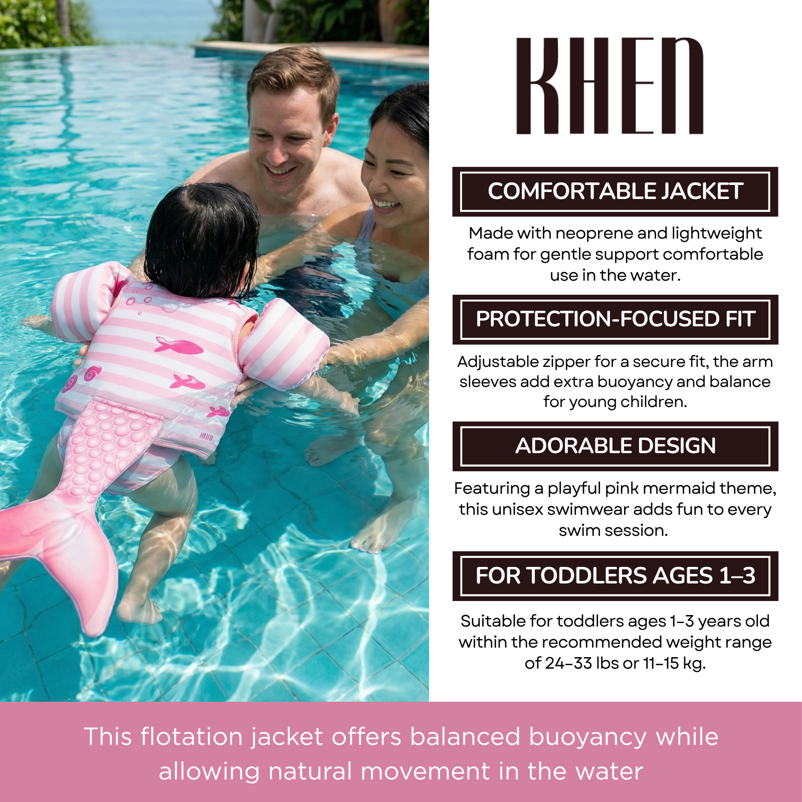Floating Jackets with Sleeves for Bool or Beach | 1-3 Years | Pink Mermaid
