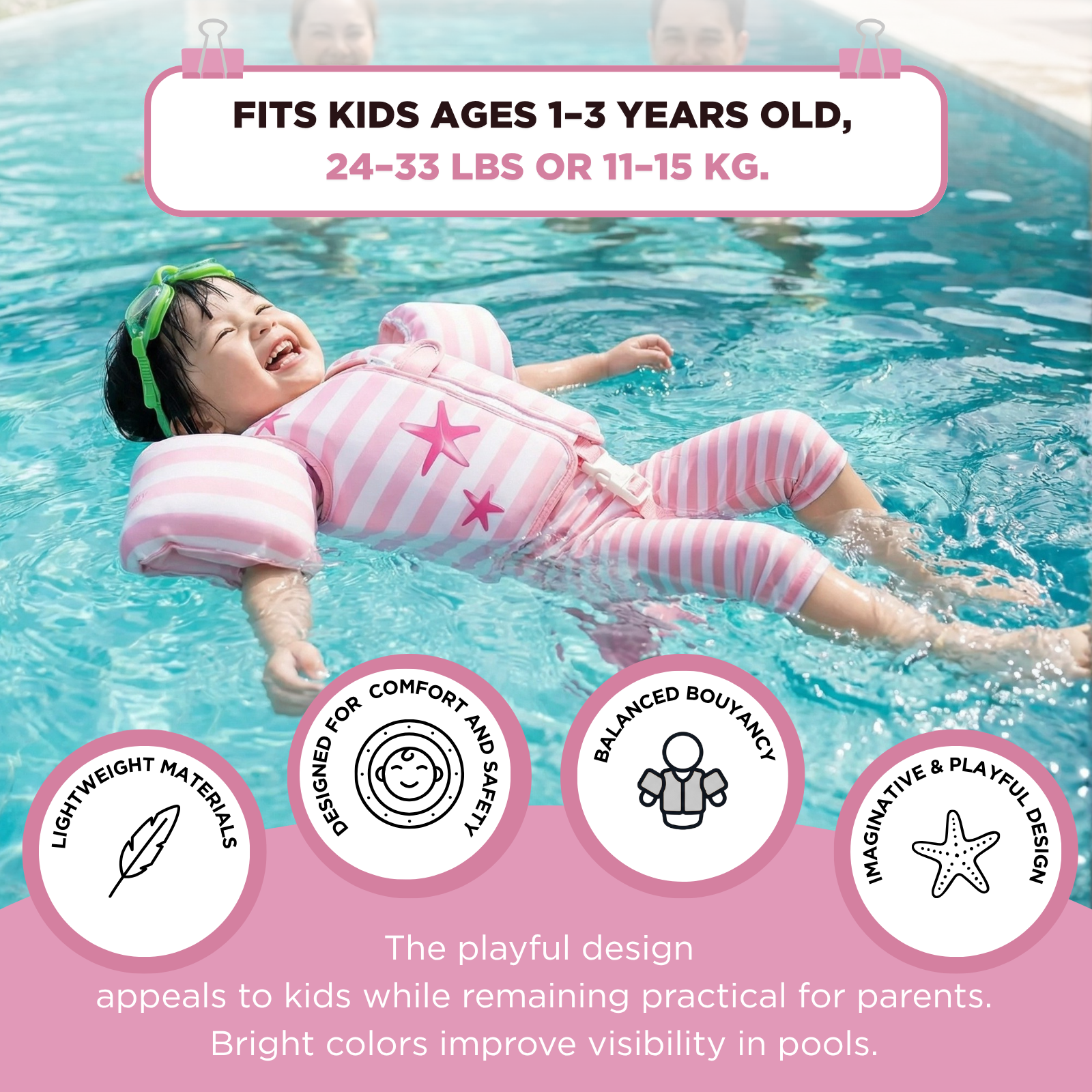 Floating Jackets with Sleeves for Bool or Beach | 1-3 Years | Pink Mermaid