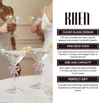 Clear Martini Glass with Pink Bow on Stem, Set of 2