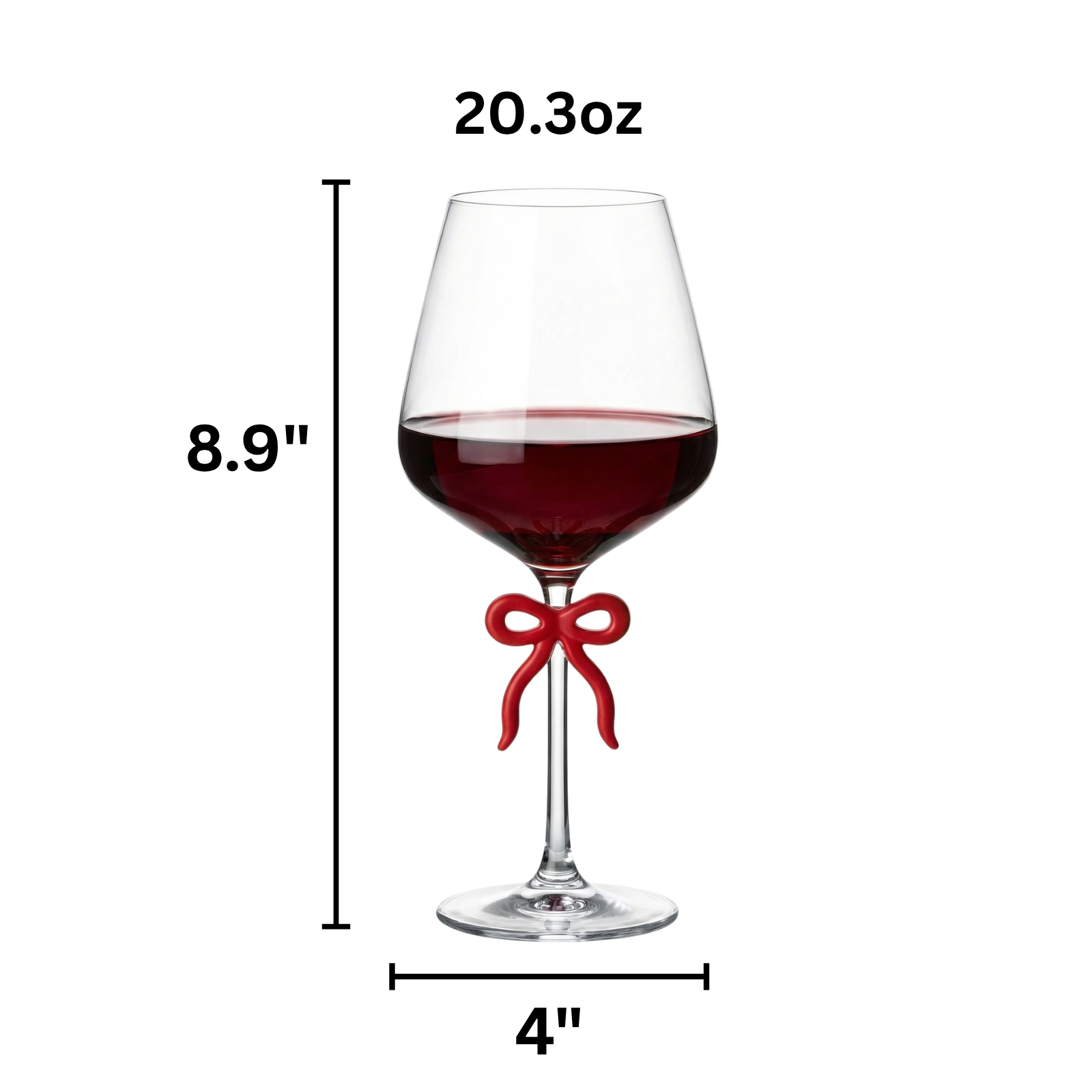 Large Clear Wine Glass with Red Bow on Stem, One Piece