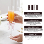 Single Clear Champagne Glass with Pink Bow on Stem, One Piece