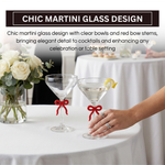 Clear Martini Glass with Red Bow on Stem, Set of 2