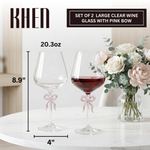 Large Clear Wine Glass with Pink Bow on Stem, Set of 2