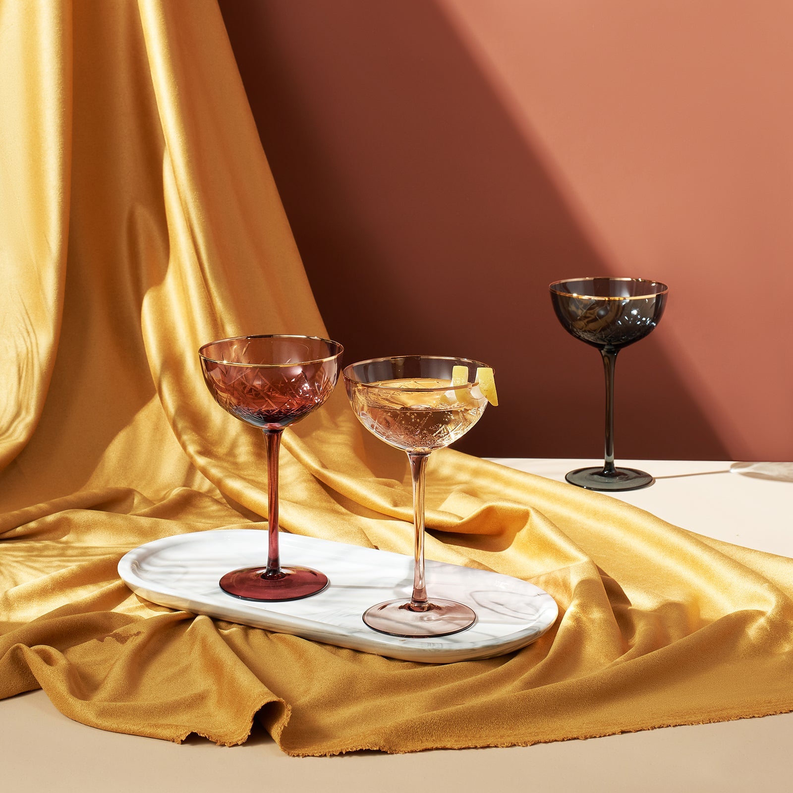Tonal Gold Rim Champagne Coupe, Cocktail Glassware, Set of 6
