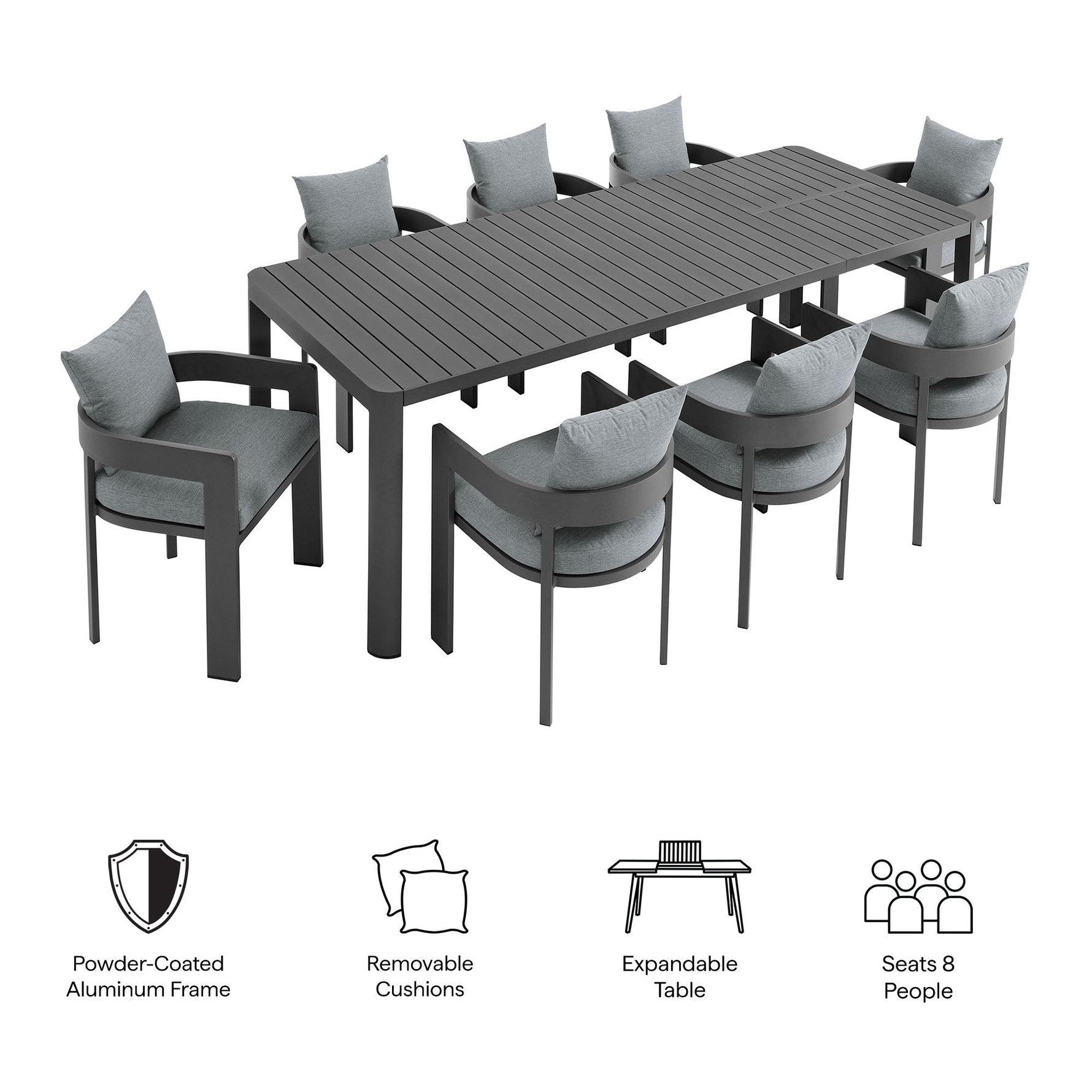 Tahoe 9-Piece Outdoor Patio Aluminum Dining Set with Extendable Table by Modway
