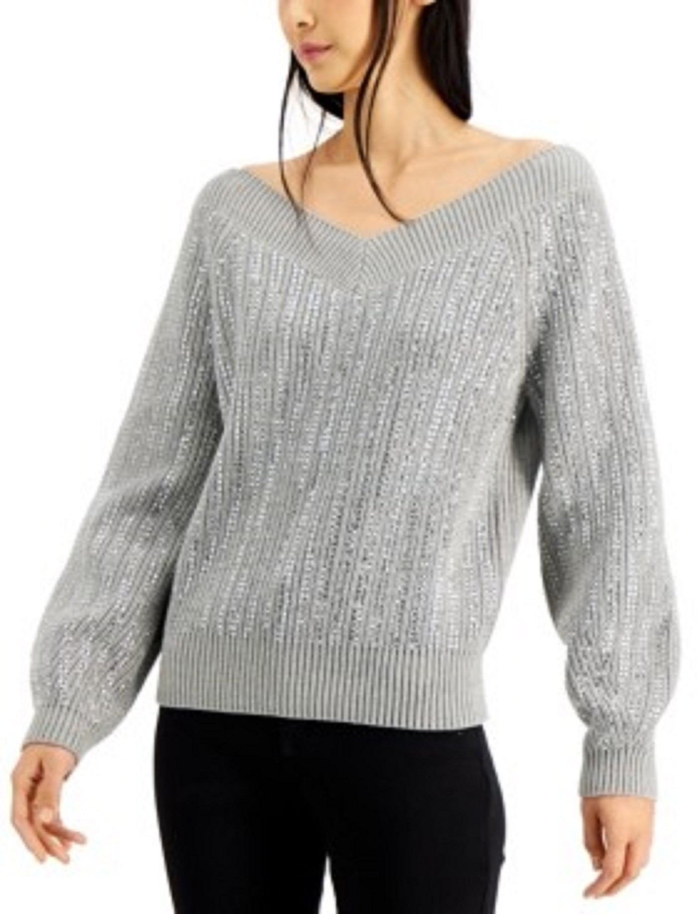 INC International Concepts Women's Embellished Sweater Charcoal Size Large