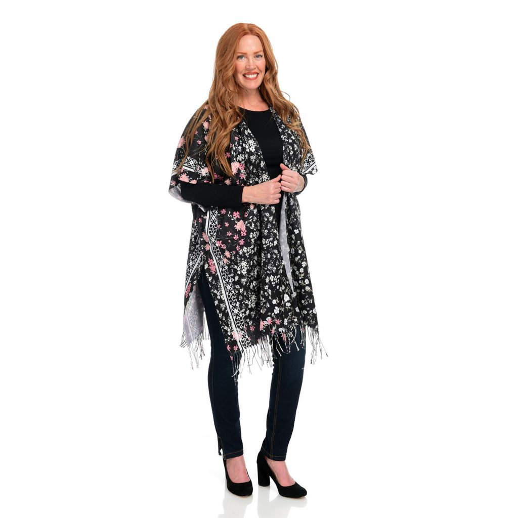 JC Sunny Printed Brushed Woven Acrylic Fringe Detailed Ruana Wrap