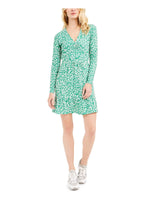 Michael Kors Women's Ruched Animal Print Long Sleeve V Neck Dress Green Size Medium