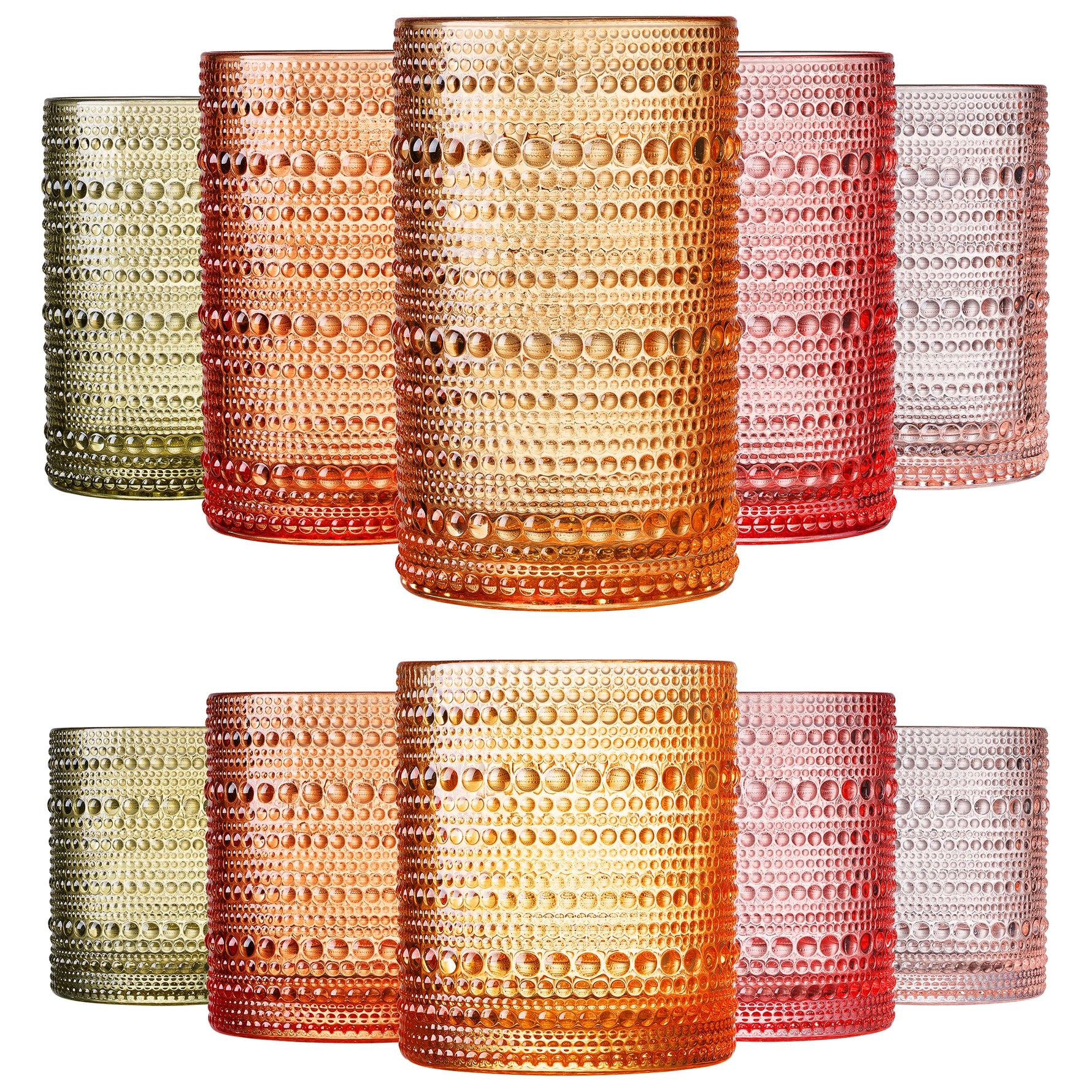 Fortuna Hobnail Lowball & Highball Glassware, Set of 10
