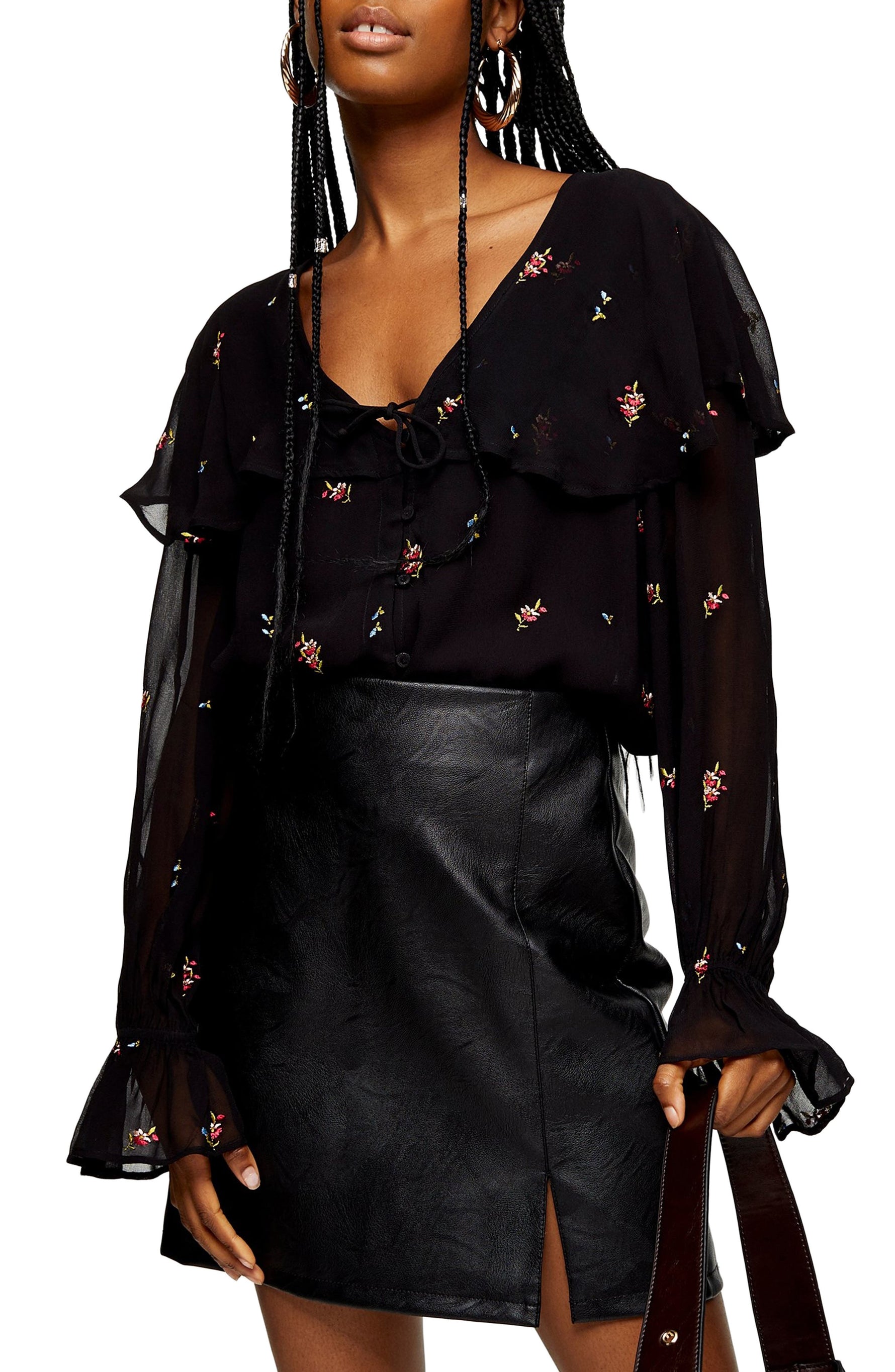 Women's Topshop Embroidered Frill Blouse, Size 12 US (fits like 14) - Black