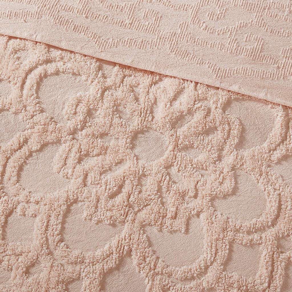 Tufted Cotton Chenille Medallion Fringe Coverlet Mini Set Blush Full/Queen