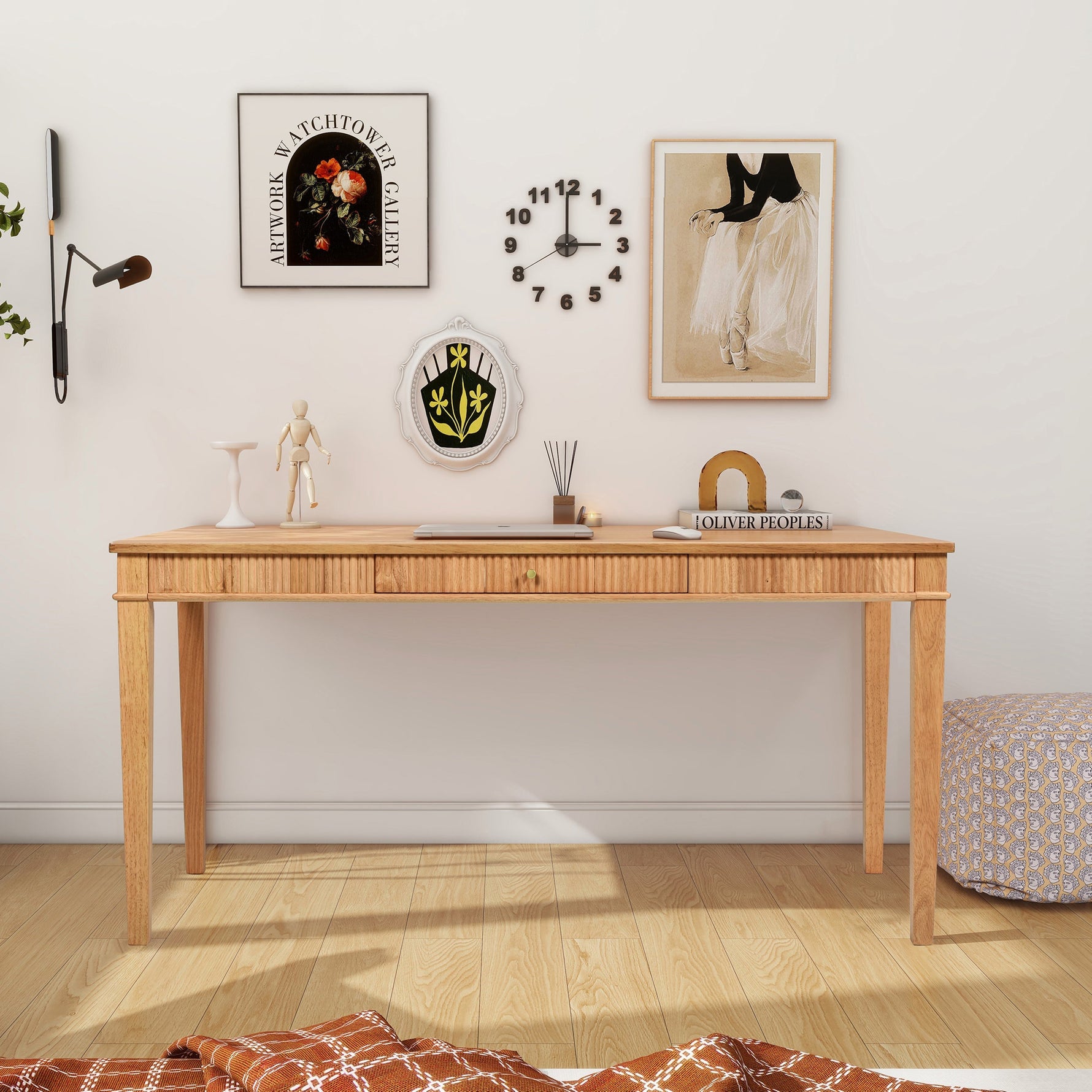 Dumont Modern Farmhouse 1-Drawer Fluted Home Office Writing Desk, Natural Blonde Solid Rubberwood & Rubberwood Veneer