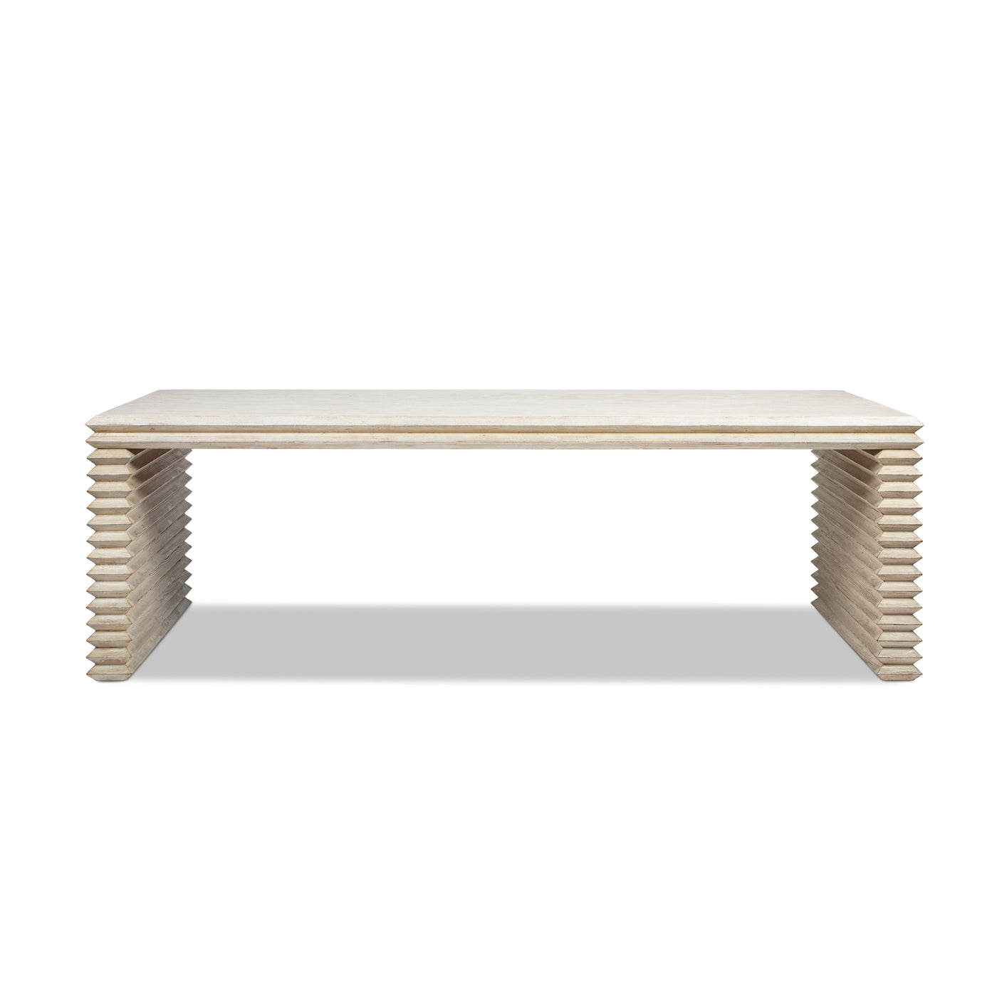 Veda 94' Reclaimed Wood Stacked Geometric Waterfall Dining Table, Seats up to 8, Whitewashed Natural Reclaimed Pine Wood