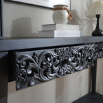 59.2in Black Carved Wooden Console Table with Lower Storage Shelf and Drawers