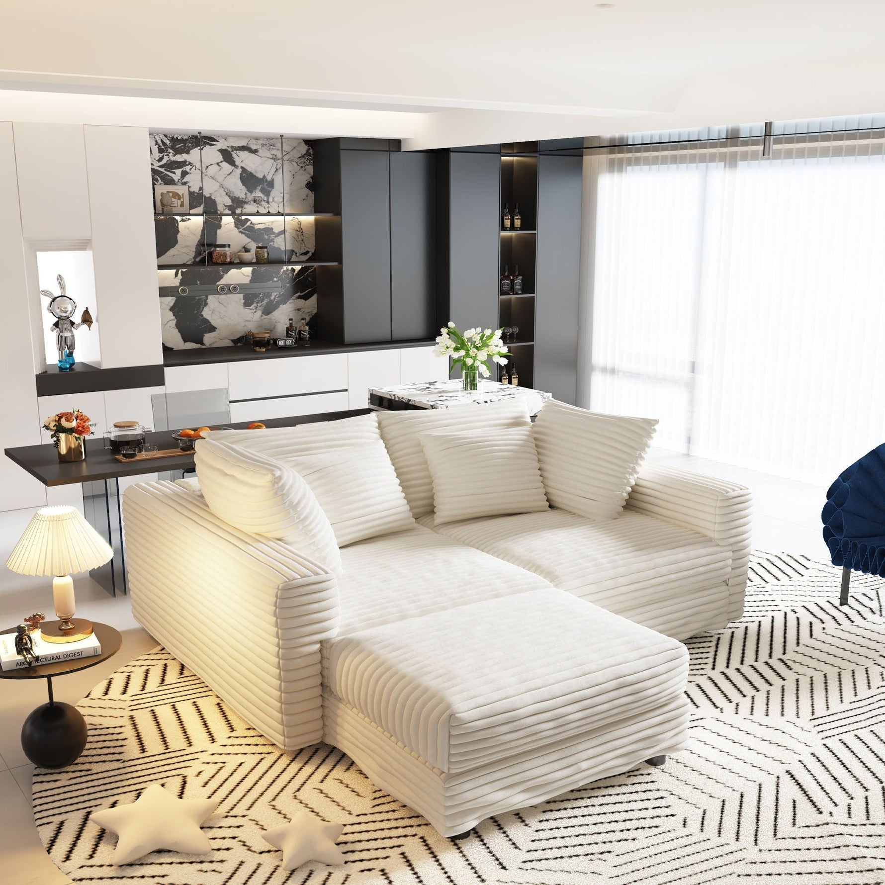 Deep Seat Convertible Sofa With Soft Pillows And Ottomans