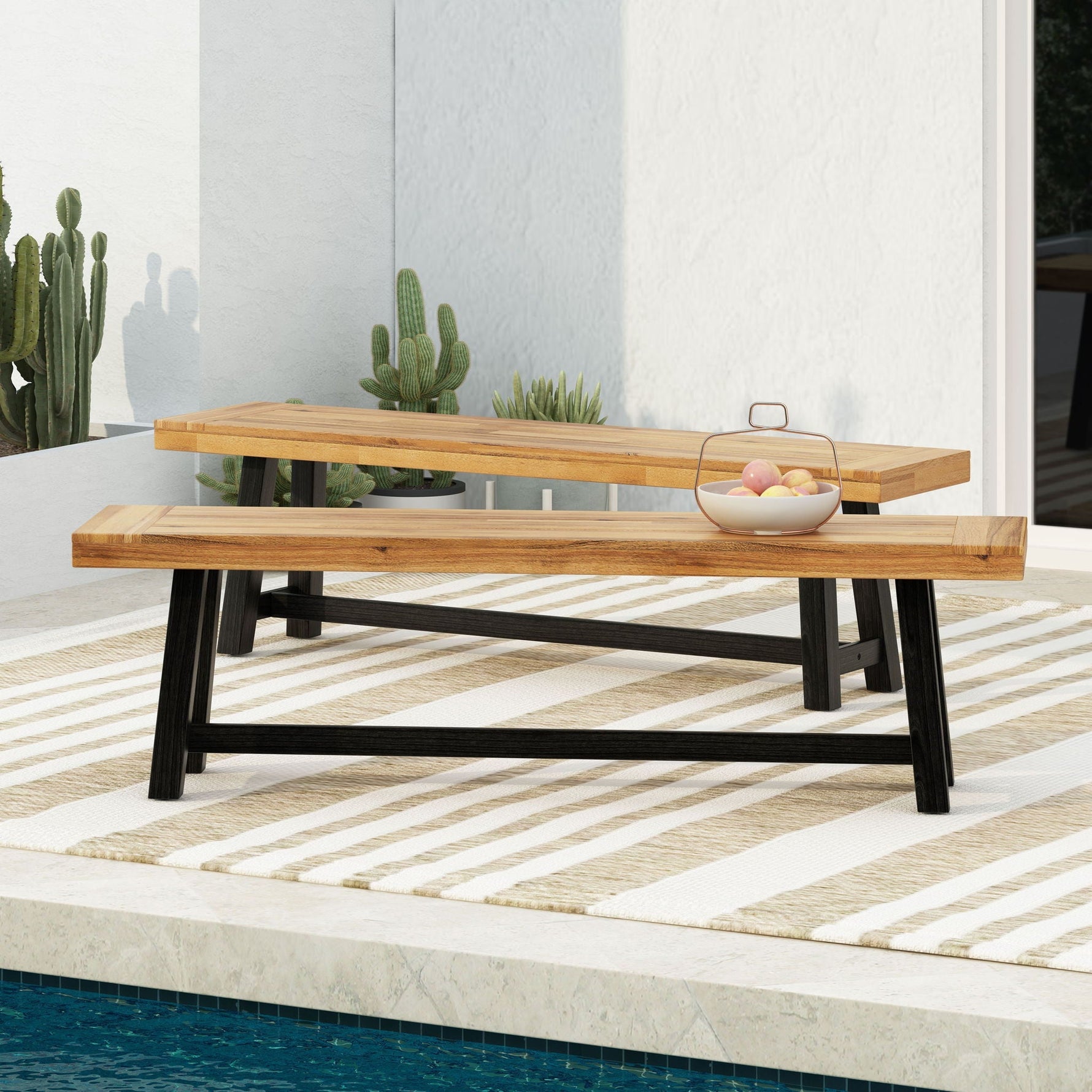 Cloud Outdoor Bench With Acacia Wood Frame and Slat Panel Design