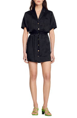 sandro Julienne Linen Blend Shirtdress in Black  Size 6 Us