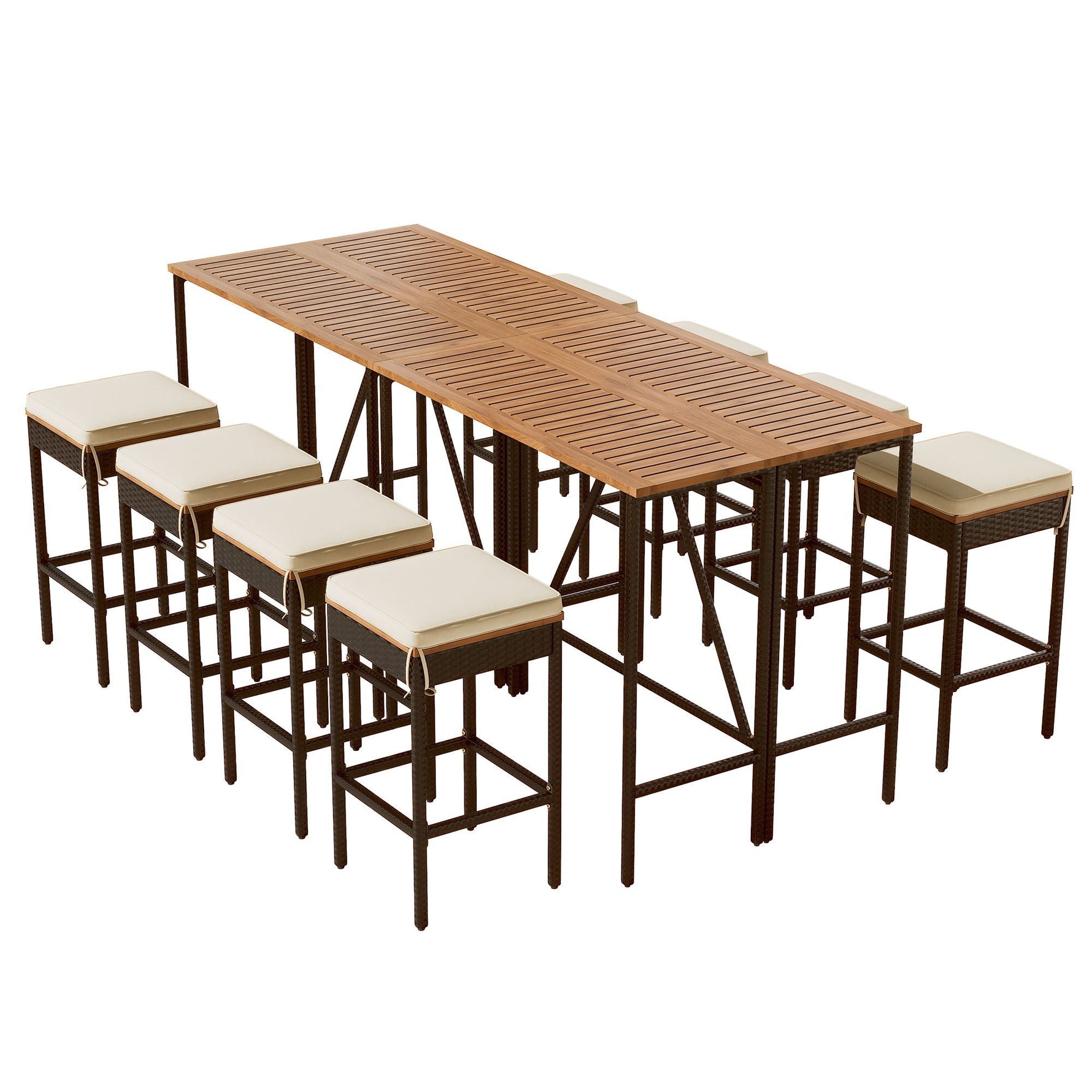 Outdoor Acacia Wood Bar Height Table and Eight Stools with Cushions
