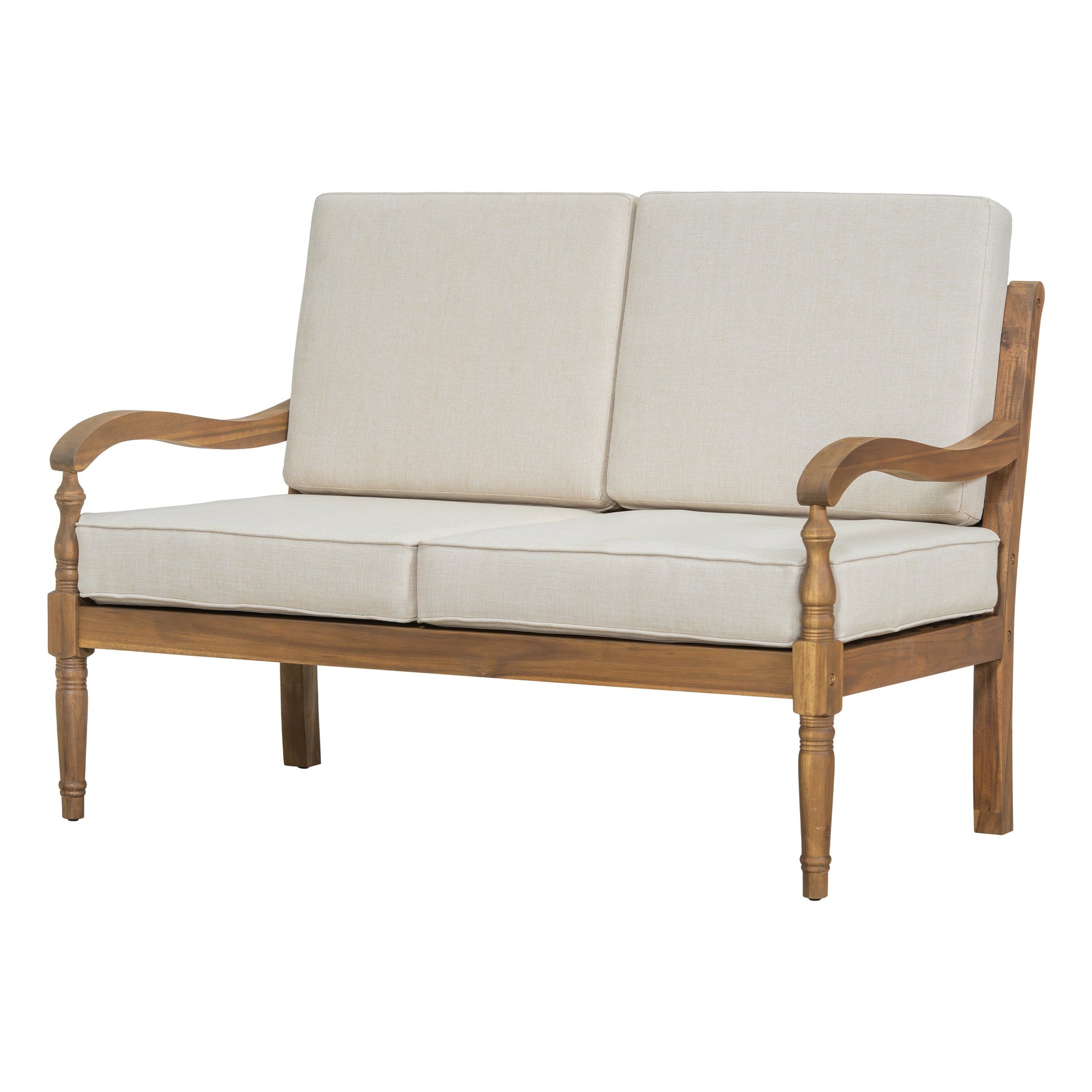 Outdoor Acacia Wood Loveseat with Cushions, Natural Finish with Beige Fabric
