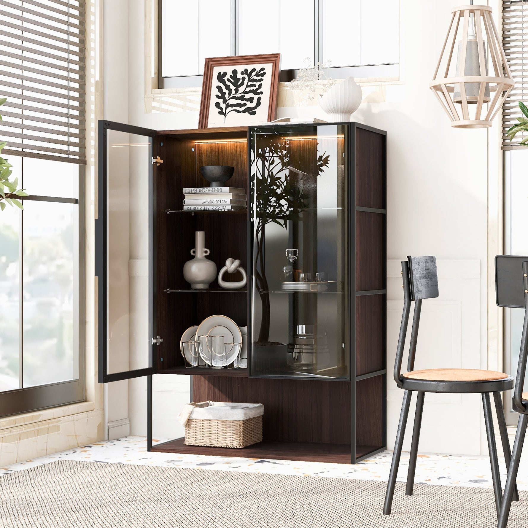 Modern Minimalist 51.2" Tall Lighted Display Cabinet with Tempered Glass