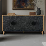 Black Carved Symmetrical Design Door And Wood Coloured Frame TV Stand