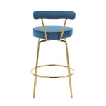 Rhonda Glam Counter Stool in Gold Metal and Blue Velvet - Set of 2