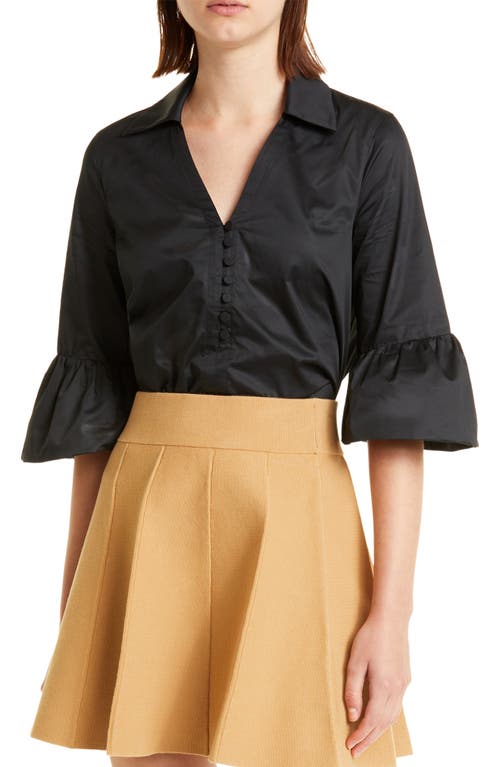Club Monaco Ruffle Sleeve Polished Cotton Shirt in Black, Size Medium