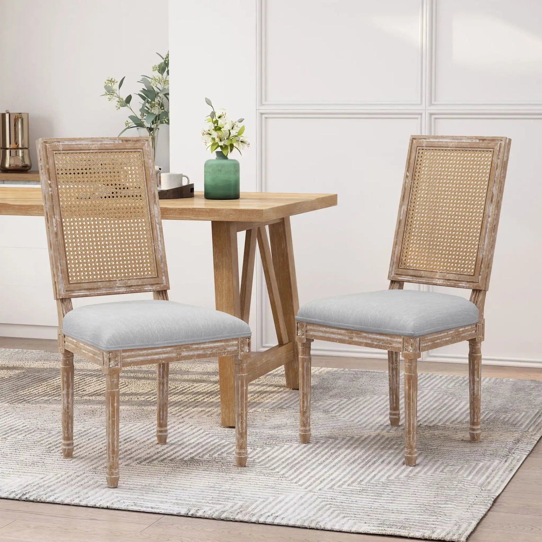 French Country Dining Chair With Rectangular Cane Backrest And Smooth Upholstered Seating