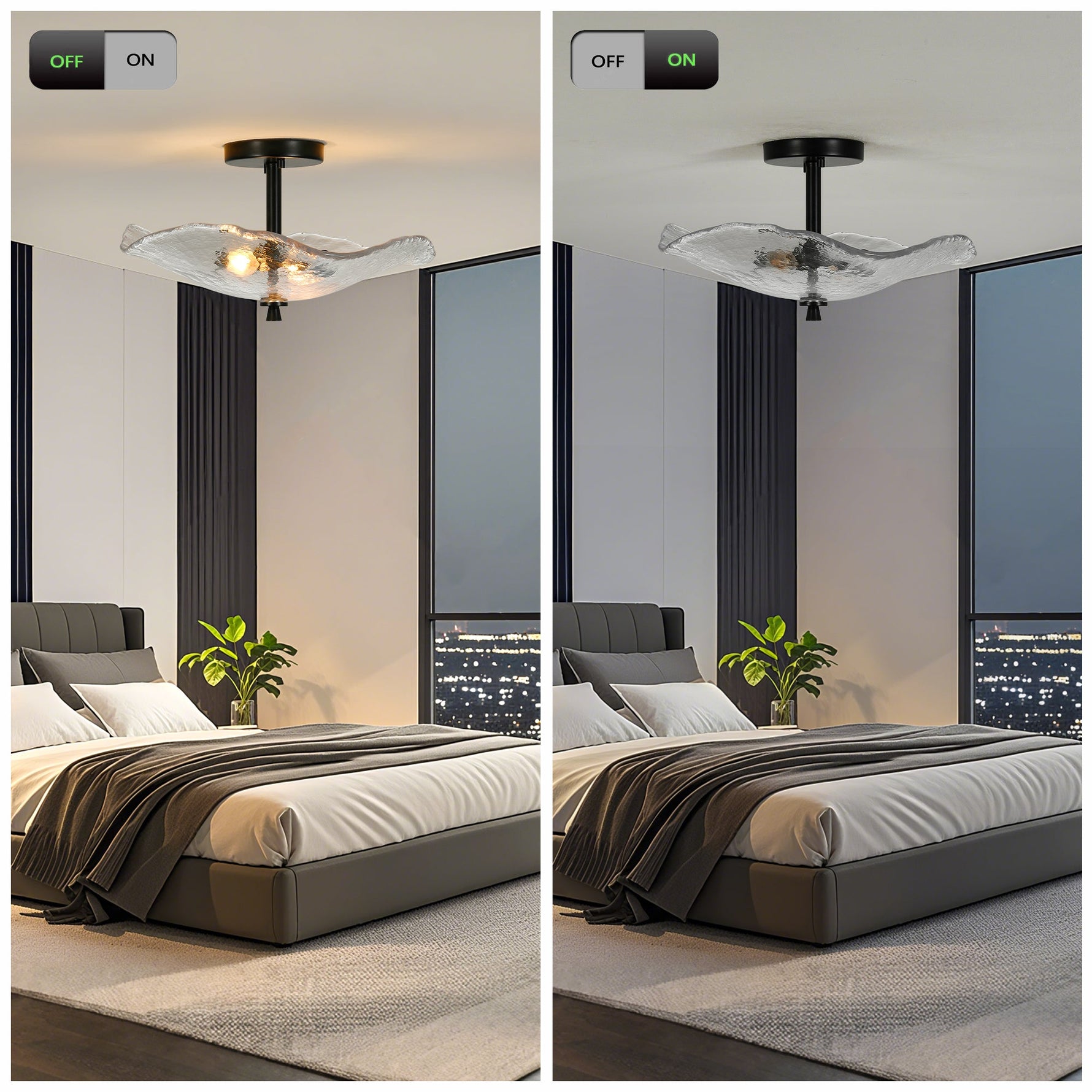 Ceiling Light Fixtures Flush Mount Indoor Outdoor Ceiling Light with Water Ripple Glass Shade (Black)