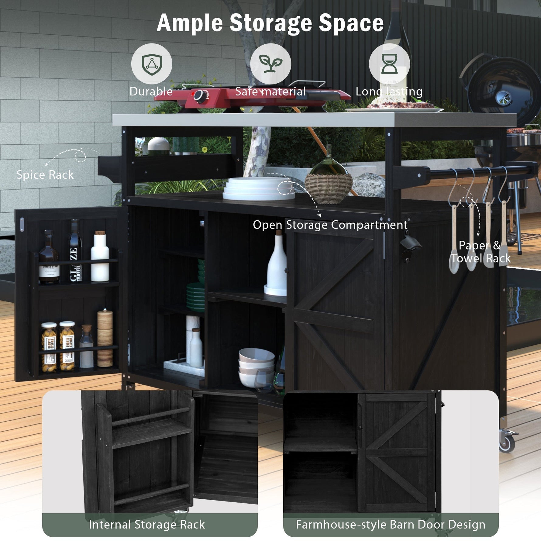 K&K Outdoor Kitchen Island with Rolling Bar Cart and Storage Cabinet