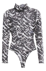 Naked Wardrobe Turtleneck Mesh Bodysuit in Zebra, Size Medium